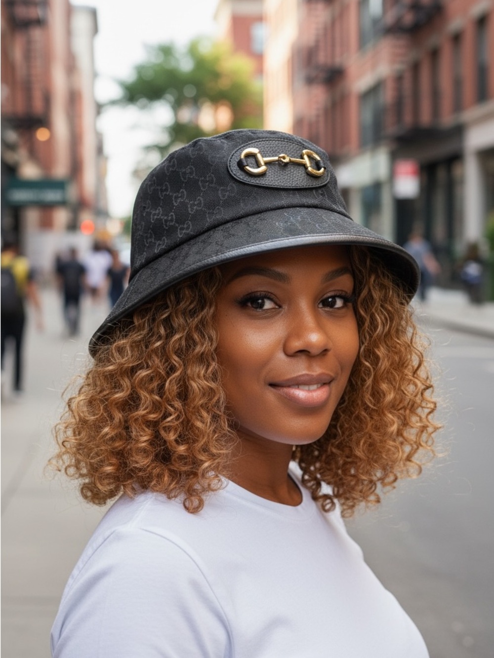 GG monogram black Supreme canvas leather bucket hat gold-toned Horsebit new